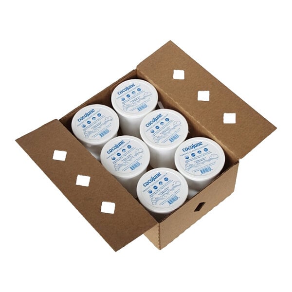 A cardboard box with six white containers of Cocojune Dairy-Free Unsweetened Pure Coconut Yogurt Alternative.