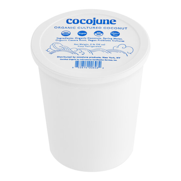 A 32 oz container of Cocojune organic cultured coconut dairy-free unsweetened yogurt alternative.