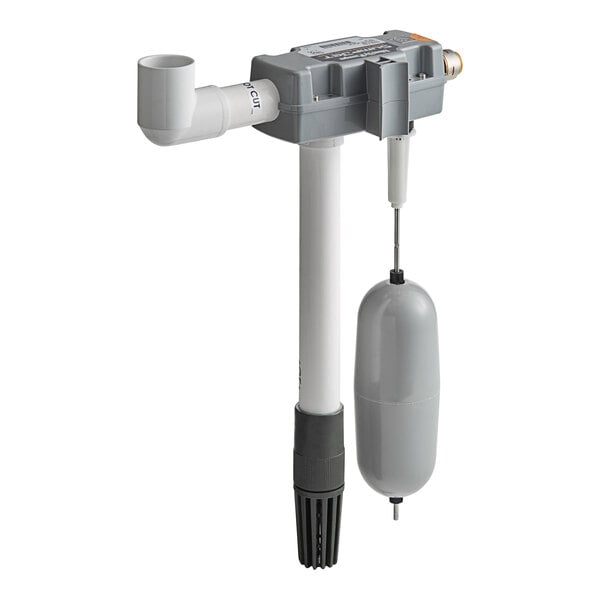 A water-powered backup sump pump with a float mechanism and PVC components.