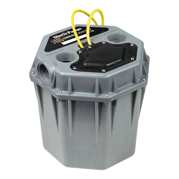 A grey Liberty Pumps 405 commercial drain pump with yellow wires.