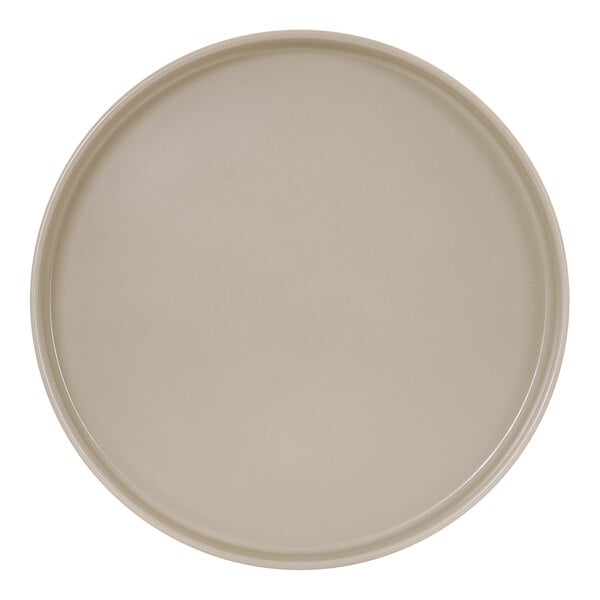A white plate with a taupe circle around the rim.