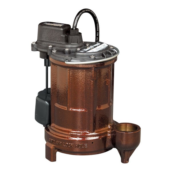 A brown and black cast iron Liberty effluent/sump pump with a black cap.