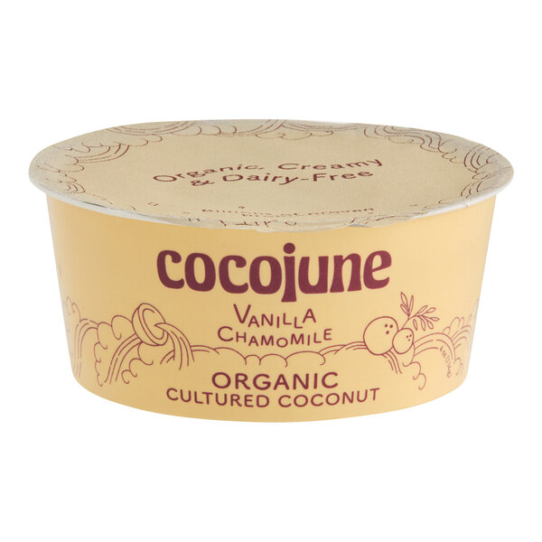 A 4 oz container of Cocojune Dairy-Free Vanilla Chamomile Organic Cultured Coconut Yogurt Alternative.