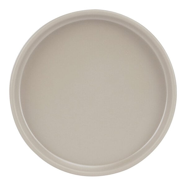 A taupe Cal-Mil melamine plate with a low rim.