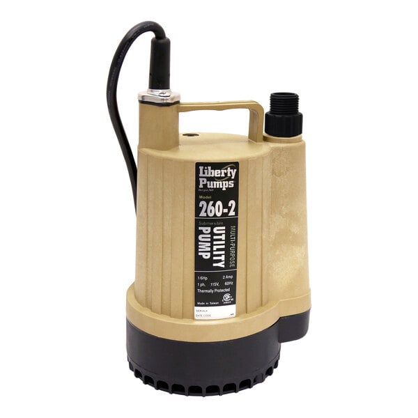 A close-up of a Liberty manual utility pump with a black hose adapter.