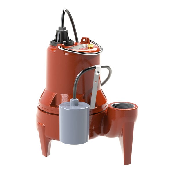 A red and black Liberty Pumps submersible sewage pump with a hose attached.