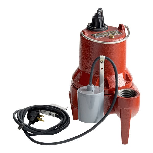 A red automatic sewage pump with a wide angle float switch and attached power cord.
