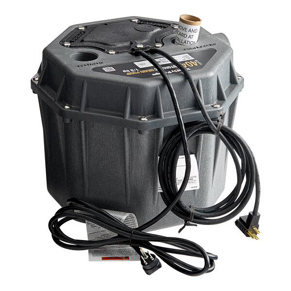A black Liberty Pumps 404 short profile automatic drain pump with attached power cords and a float switch.