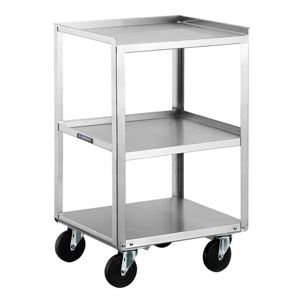 A three-shelf stainless steel equipment stand with casters.