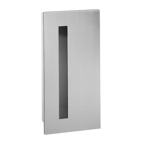 A stainless steel fire extinguisher cabinet with a vertical window and a fully recessed design.