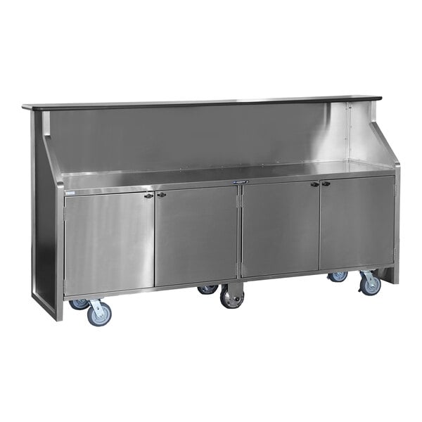 A stainless steel portable back bar with black laminate accents, two locking storage compartments, and caster wheels.