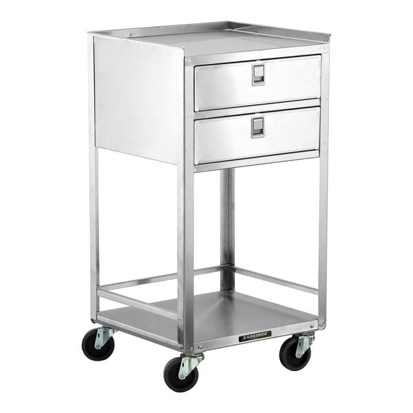 A stainless steel equipment stand with two drawers, a lower shelf, and four caster wheels.