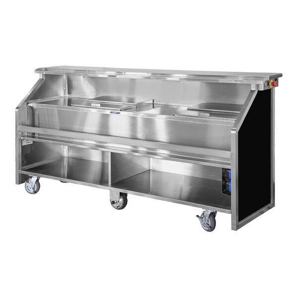 A stainless steel and black laminate electric portable bar with a fixed speed rail, two 40 lb. ice bins, and caster wheels.