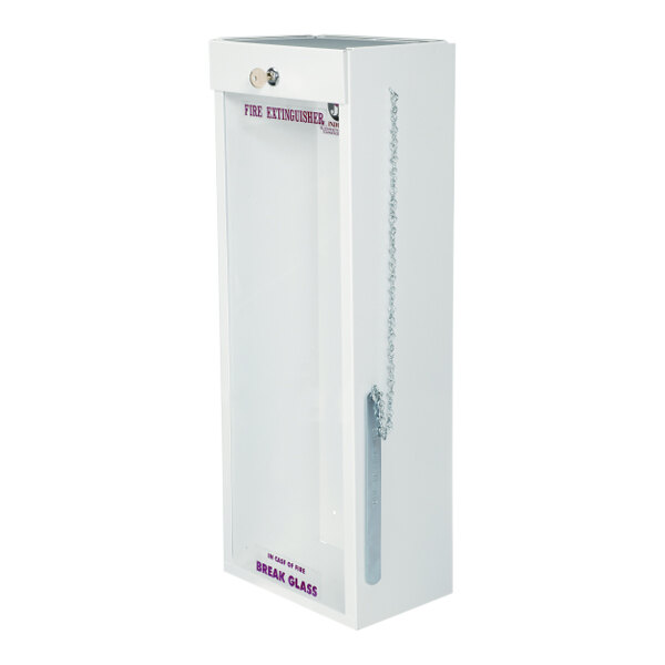 A white steel surface-mount fire extinguisher cabinet with a glass front and an attached hammer for emergency use.