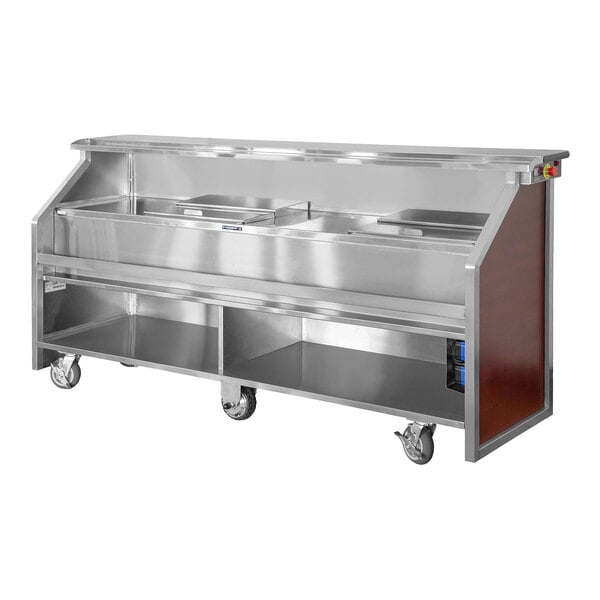 A stainless steel and red maple laminate electric portable bar with a fixed speed rail and two 40 lb. ice bins.