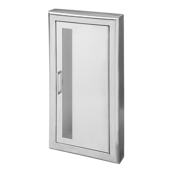 A stainless steel fire extinguisher cabinet with a vertical window and a semi-recessed design.