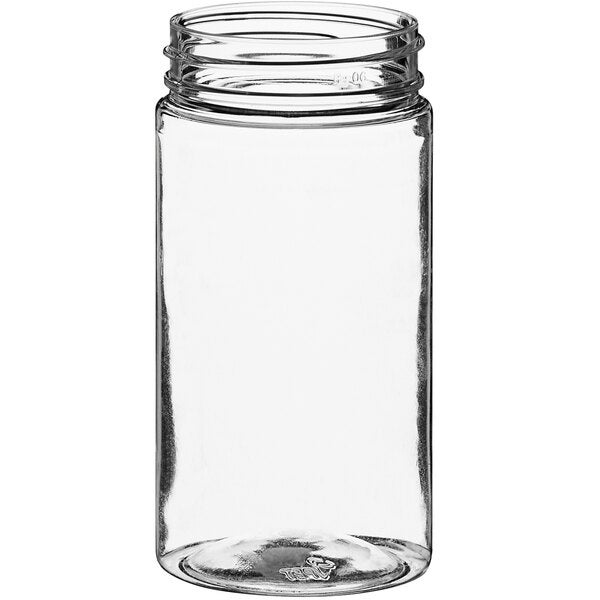 An empty 8 oz. clear round straight-sided PET jar.