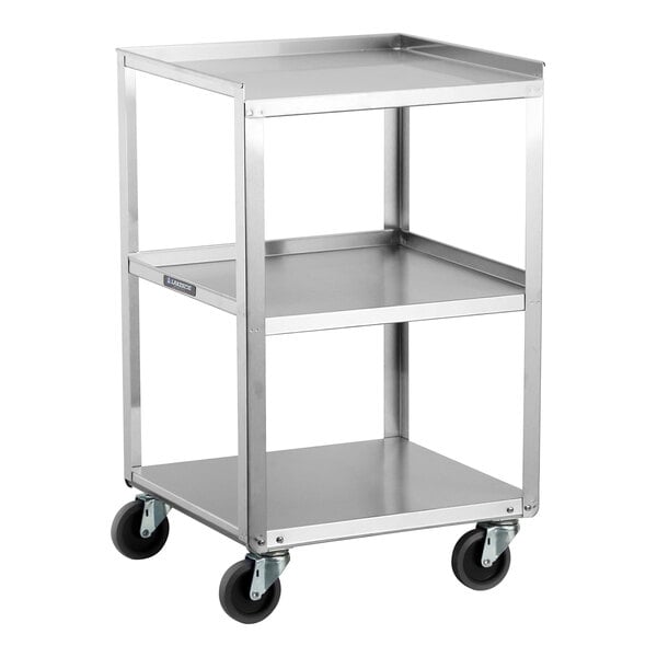 A stainless steel three-shelf equipment stand with casters.