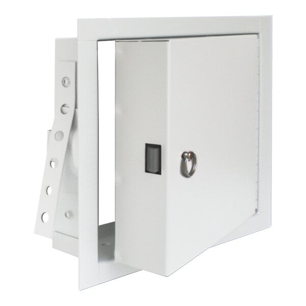 A white metal fire-rated and insulated access panel with a hinged door and mounting frame.