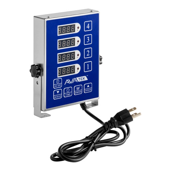 A digital 4-channel kitchen timer with a blue faceplate, four display screens, control buttons, and a power cord.