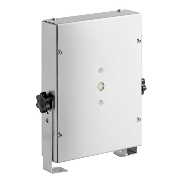 A stainless steel digital 4-channel kitchen timer with adjustable mounting brackets.