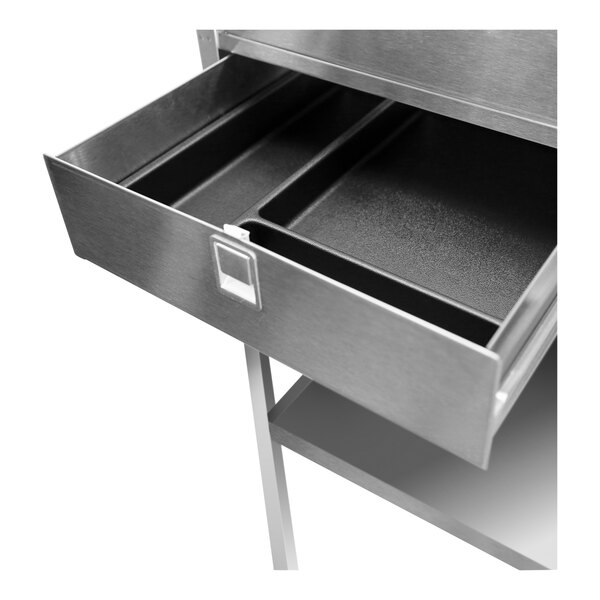 A stainless steel equipment stand with a drawer and two undershelves.