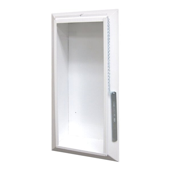 A gray steel fire extinguisher cabinet with a breaker bar, designed for semi-recessed wall installation.