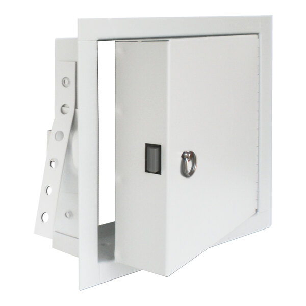 An 8-inch by 8-inch metal fire-rated and insulated access panel with a white finish and a ring pull handle.