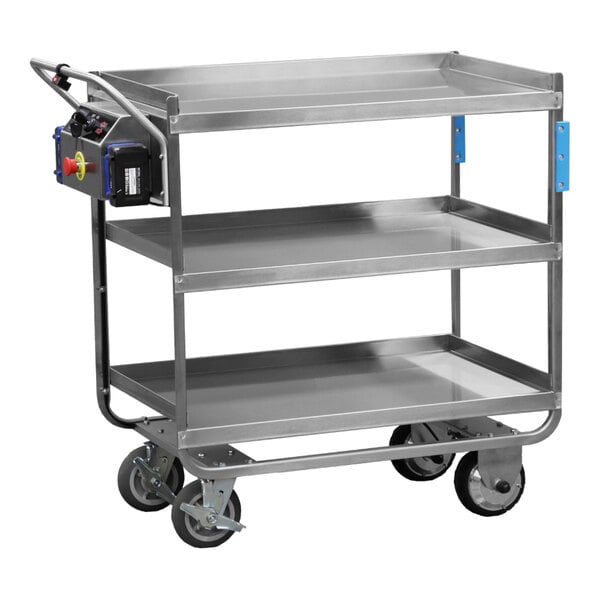 A heavy-duty three-shelf electric utility cart made of metal with large wheels and a control panel on the handle.
