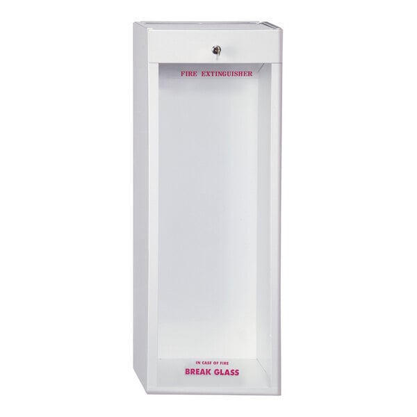 A white steel surface-mount fire extinguisher cabinet with a glass front and a lockable top compartment.