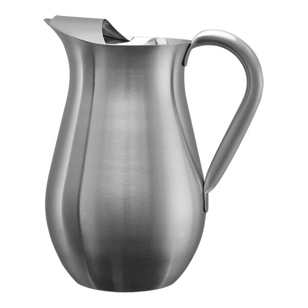 A brushed double-wall stainless steel bell pitcher with a handle and spout guard.