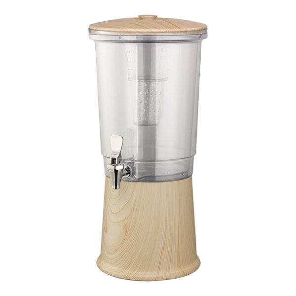 Service Ideas Elite 3 Gallon Round Natural Light Wood Stainless Steel and Tritan™ Plastic Double-Wall Cold Beverage Dispenser with Infuser Tube CBDDW3GSSLW