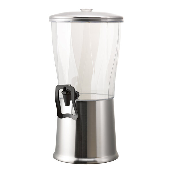 A 3-gallon round cold beverage dispenser with a stainless steel base, clear Tritan plastic container, and a hands-free spigot.