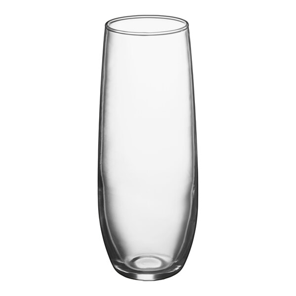 A clear, stemless flute glass with a 10 oz. capacity.