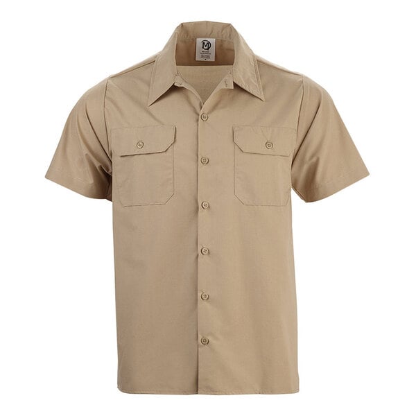 A khaki short sleeve unisex work shirt with two chest pockets and button closure.
