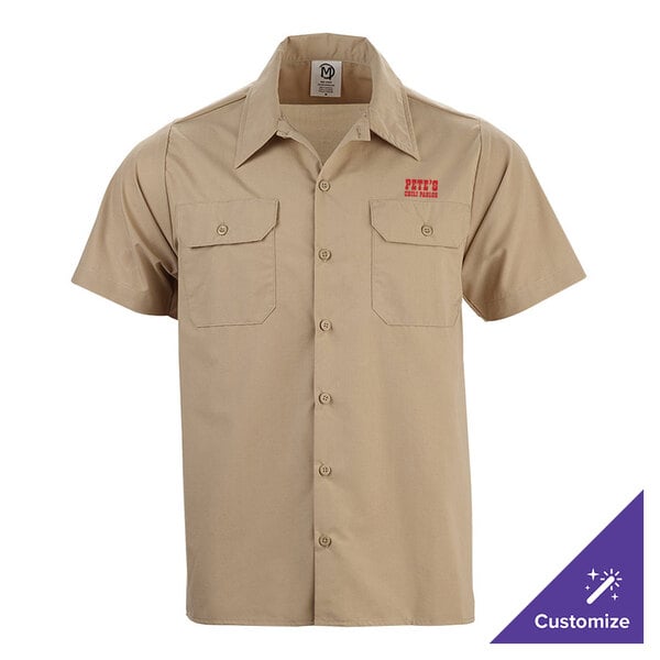 A khaki short sleeve work shirt with two chest pockets and customizable embroidery.