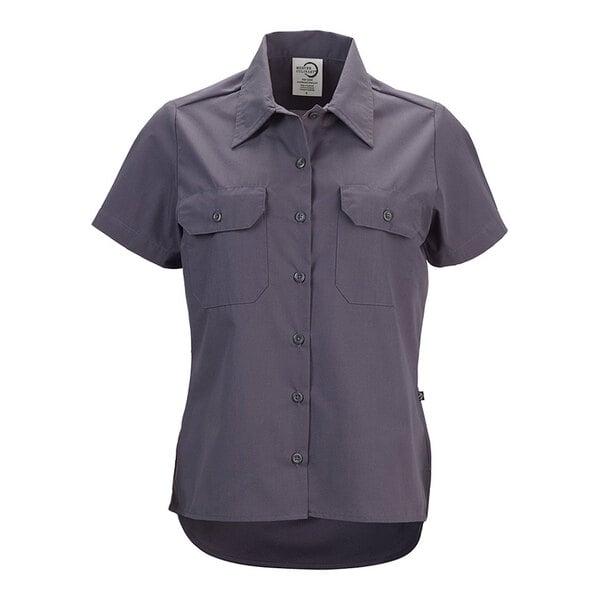 A women's gray short sleeve work shirt with button front and two chest pockets.