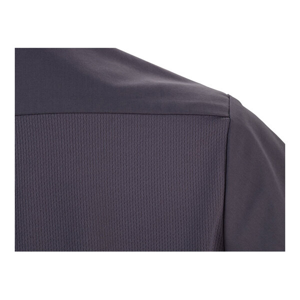 A close-up view of the back shoulder area of a gray short sleeve work shirt.