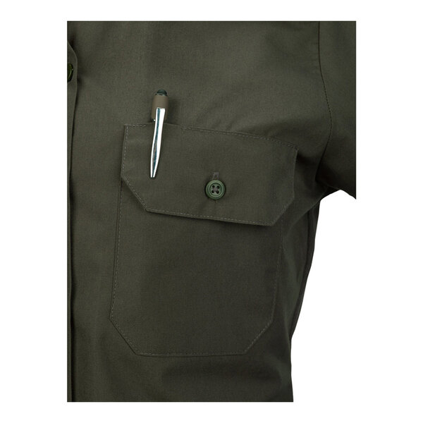 A women's olive short sleeve work shirt in size 2XL with a buttoned chest pocket and a pen inserted in the pocket.