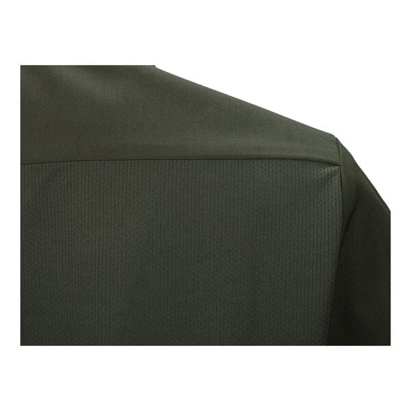A close-up view of the shoulder and upper back of an olive green short sleeve work shirt.