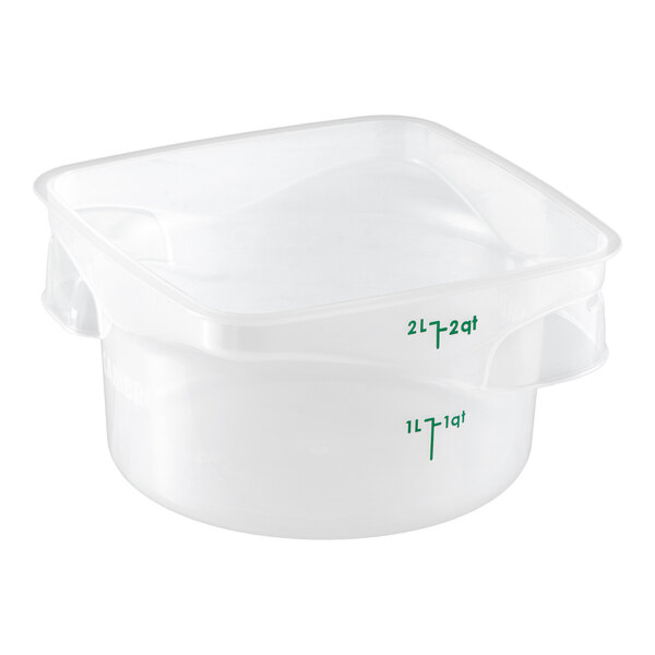 A translucent round polypropylene food storage container with a lid and measurement markings.