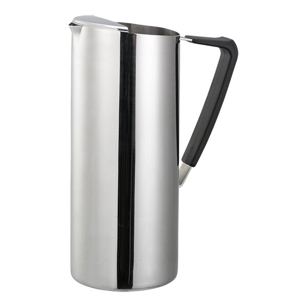 A polished stainless steel pitcher with a slim design, black handle, and a 54 oz. capacity.