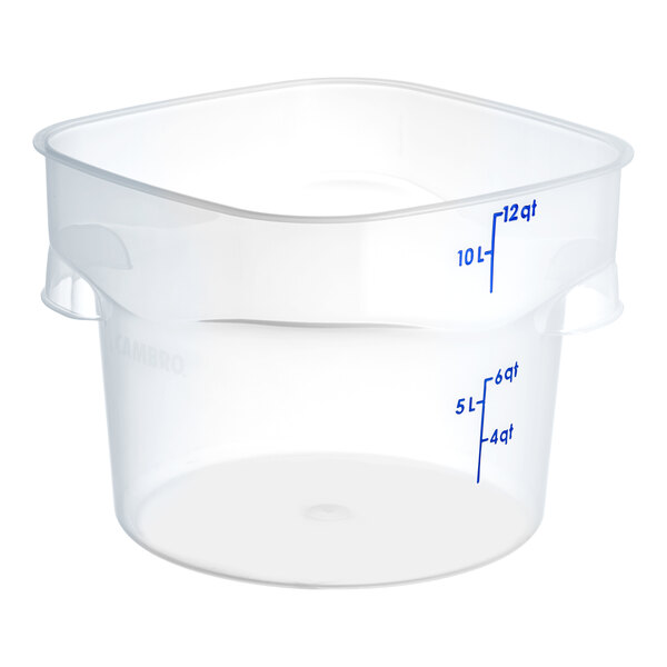 A translucent round polypropylene food storage container with blue measurement markings.