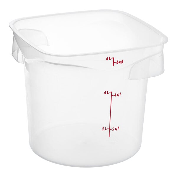 A translucent round polypropylene food storage container with red measurement markings.
