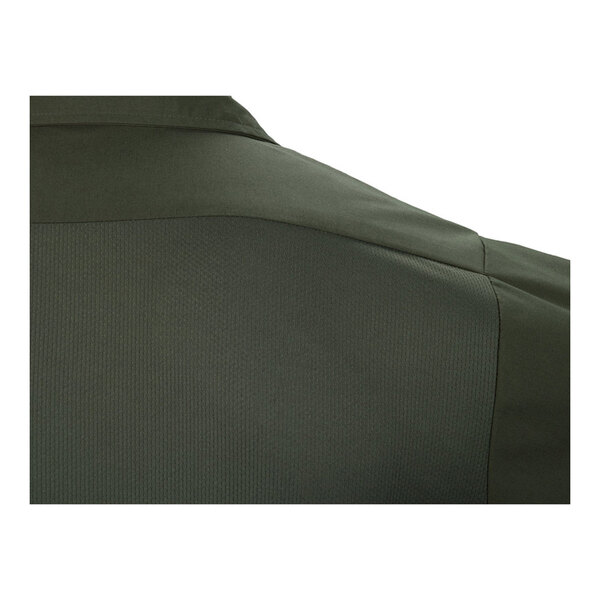 A close-up view of the back shoulder area of an olive green short sleeve work shirt.