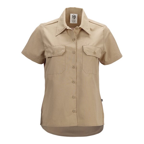 A women's khaki short sleeve work shirt with button front and two chest pockets.