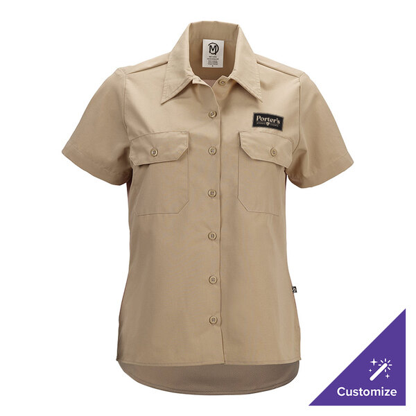 A women's khaki short sleeve work shirt with button front and two chest pockets.