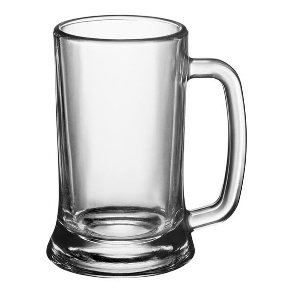 A clear glass beer mug with a sturdy handle and thick base.