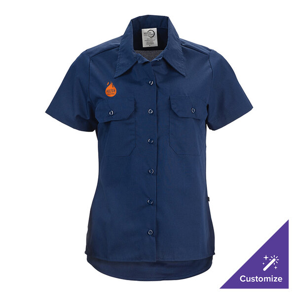 A women's navy blue short sleeve work shirt with button front and two chest pockets, available in extra small size and customizable.
