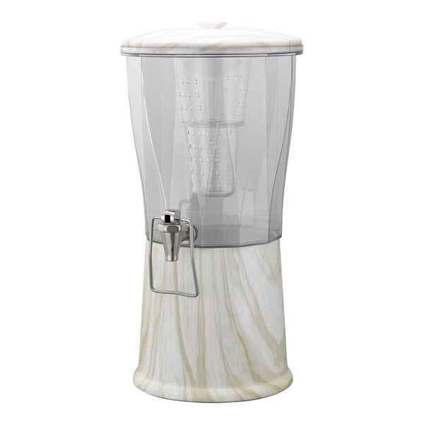 Service Ideas Elite 3 Gallon Round Natural White Marble Stainless Steel and Tritan™ Plastic Hands-Free Cold Beverage Dispenser with Infuser Tube CBDRT3WMSSHF